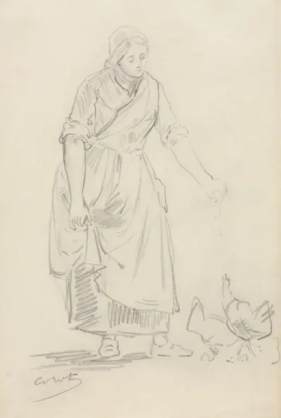 Peasant Girl Feeding Chickens (1800s(?)) av Jean-Baptiste-Camille Corot