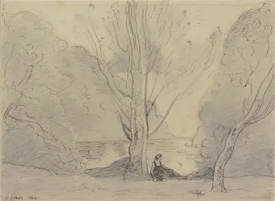 Ruhende Frau unter Pappeln am Fluß av Jean-Baptiste-Camille Corot