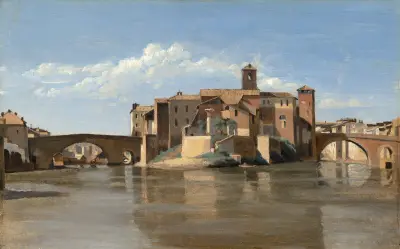 The Island and Bridge of San Bartolomeo,Rome av Jean-Baptiste-Camille Corot