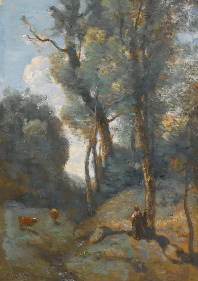 Vachère Sur Un Coteau Boisée av Jean-Baptiste-Camille Corot