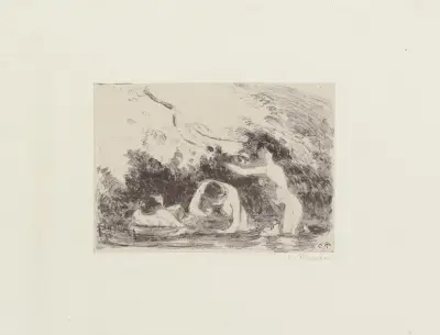 Baigneuses à l’ombre des berges boisées av Camille Pissarro