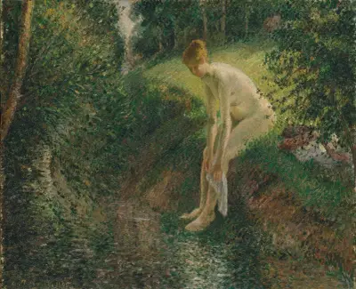 Badande i skogen av Camille Pissarro
