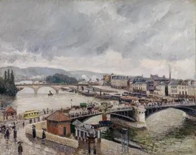 Blick auf die Grosse Brücke zu Rouen bei Regenstimmung av Camille Pissarro