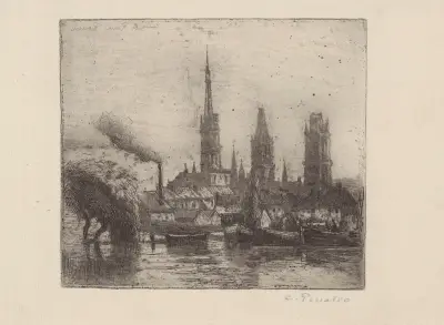 Cours la Reine ou Bords de la Seine, Rouen av Camille Pissarro