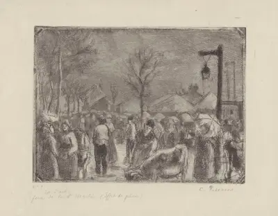 Foire de la Saint-Martin (à Pontoise), effet de pluie av Camille Pissarro