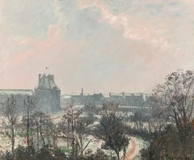 Le Jardin des Tuileries et le pavillon de Flore, effet de neige av Camille Pissarro