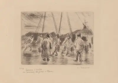 Les ouvriers du port, à Rouen av Camille Pissarro