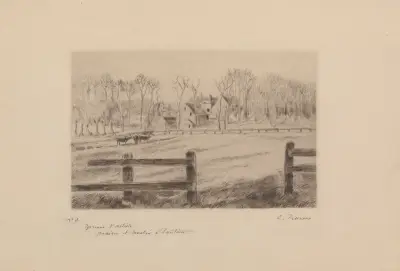 Prairie et moulin, à Osny av Camille Pissarro