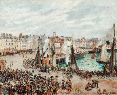 The Fish Market, Dieppe; Grey Weather, Morning av Camille Pissarro