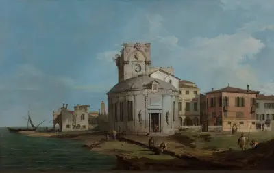 A Venetian Capriccio with an oval church by the Lagoon av Canaletto