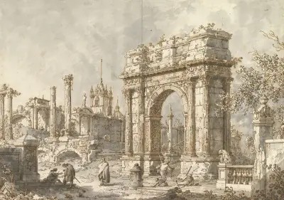 Capriccio with a Roman Triumphal Arch av Canaletto
