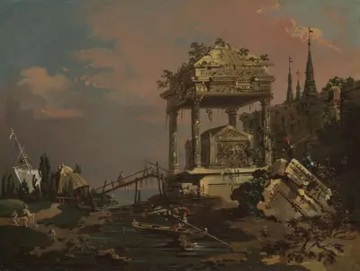 Fantastyczny widok z grobowcem nad laguną, Canaletto