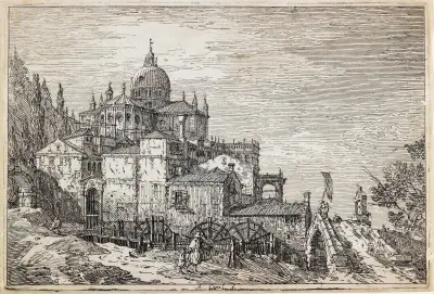 Landscape with a Church, Houses and a Mill av Canaletto