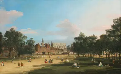 London, A View Of The Old Horse Guards And Banqueting Hall, Whitehall Seen From St. James’ Park av Canaletto