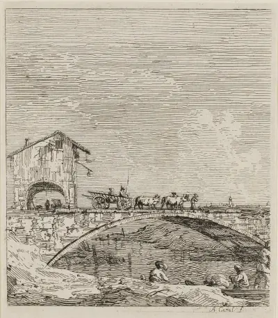 Wóz przejeżdżający przez most, z cyklu Vedute, Canaletto