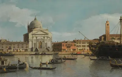 Wenecja, widok na kościoły Redentore i San Giacomo, z zacumowanym okrętem wojennym, gondolami i barkami, Canaletto