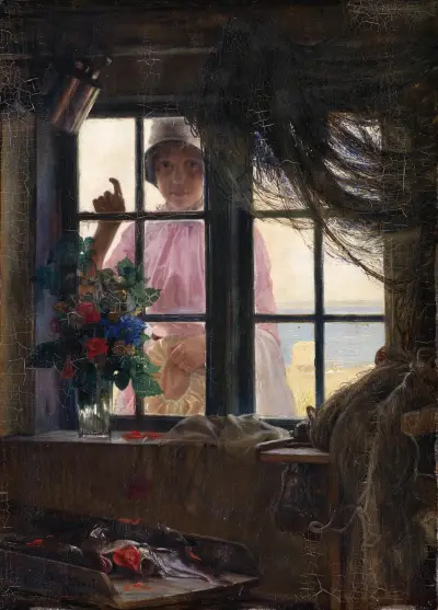 After the Bath. A Young Girl Knocking at the Fisherman’s Window av Carl Bloch