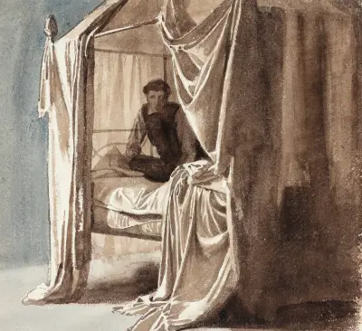 En seng med omhæng Studie til billedet Niels Ebbesen og Grev Gert udstillet 1868 av Carl Bloch