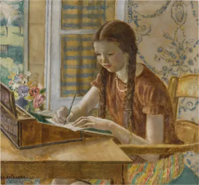 Dziewczyna przy biurku, Frederick Carl Frieseke