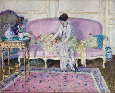 Kobieta siedząca na sofie we wnętrzu, Frederick Carl Frieseke
