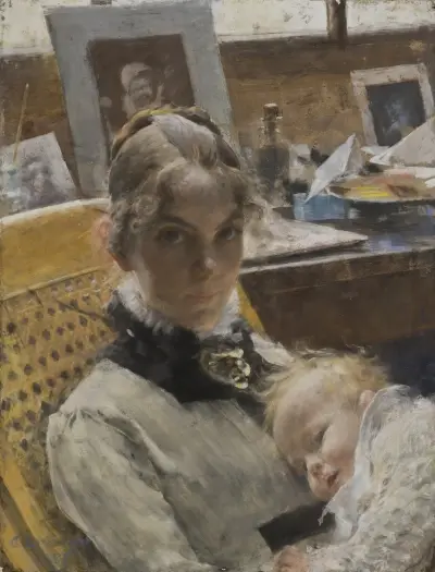 En ateljéidyll. Konstnärens hustru och deras dotter av Carl Larsson