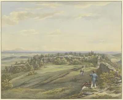 Burghof der Ruine Falkenstein mit Ausblick auf die Mainebene, den Odenwald und die Rheinberge av Carl Morgenstern
