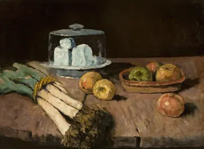 Still life with leeks, apples and cheese av Carl Schuch