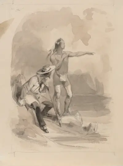 Native American and sailor looking out to sea av Felix Octavius Carr Darley