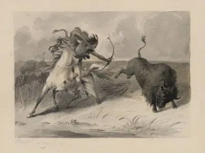 Native American on horseback hunting buffalo av Felix Octavius Carr Darley