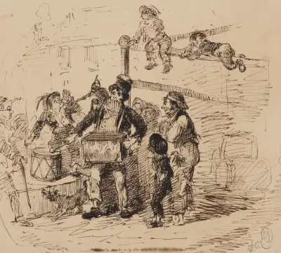 Street musician surrounded by children av Felix Octavius Carr Darley