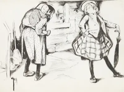 A wealthy girl turns up her nose at a poor girl, who is carrying a baby on her back. av Rose Cecil O'Neill