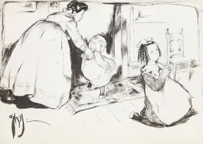 A young girl kneels to pray, while behind her a woman guides a younger girl towards an empty chair. av Rose Cecil O'Neill