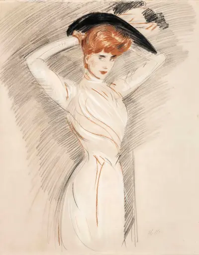 An elegant lady wearing a hat av Paul César Helleu