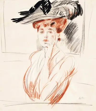La dame au chapeau aux plumes av Paul César Helleu