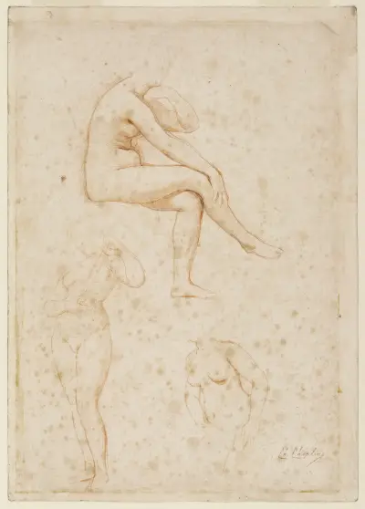 Une femme assise de profil à droite et deux femmes debout av Charles Chaplin