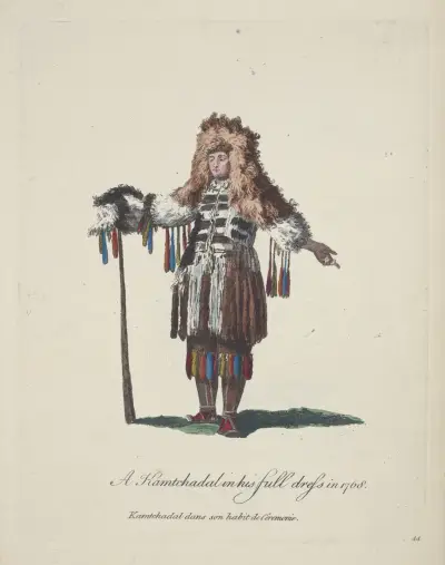 A Kamtchadal in his full dress in 1768. Kamtchadal dans son habit de cêremonie. av Charles Grignion