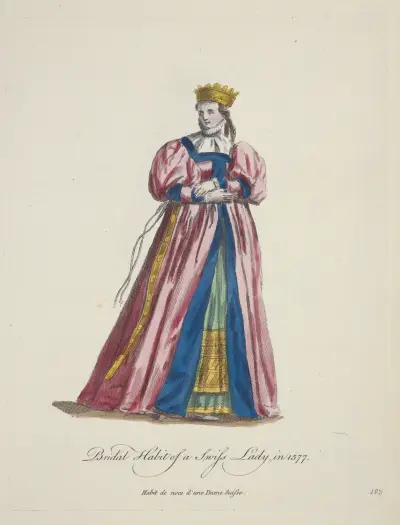 Bridal habit of a Swiss lady in 1577. Habit de noce d’une Dame Suisse. av Charles Grignion