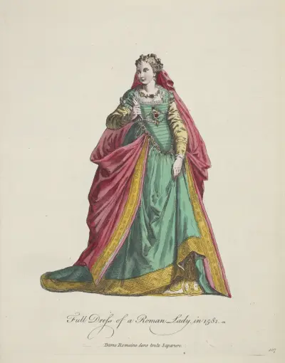 Full dress of a Roman lady in 1581. Dame Romaine dans toute saparure. av Charles Grignion