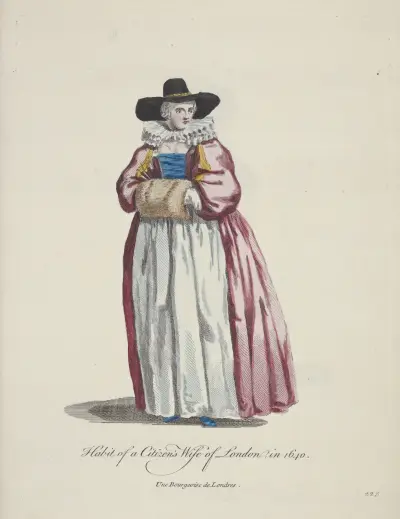 Habit of a citizen’s wife of London in 1640. Une bourgeoise de Londres. av Charles Grignion