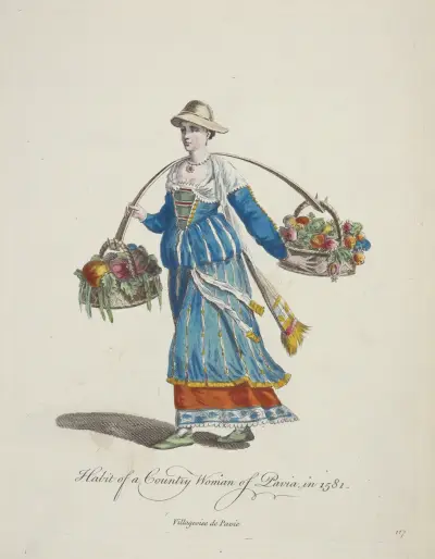 Habit of a country woman of Pavia in 1581. Villageoise de Pavie. av Charles Grignion