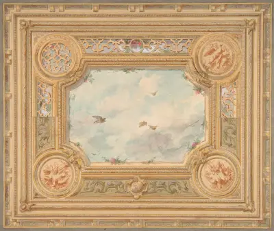 Design for a ceiling with four medallions and sky motif in center av Jules-Edmond-Charles Lachaise