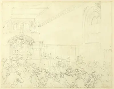 Study for Guild Hall, Examination of a Bankrupt Before His Creditors, from Microcosm of London, Augustus Charles Pugin