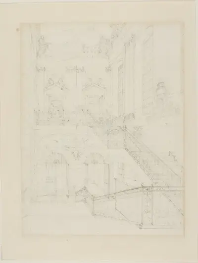 Study for The Hall and Staircase, British Museum, from Microcosm of London, Augustus Charles Pugin