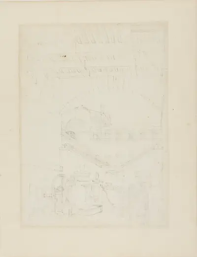 Study for Water Engine, Cold-Bath, Field’s Prison, from Microcosm of London, Augustus Charles Pugin