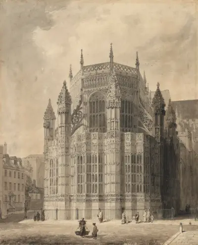 The exterior of the Henry VII Chapel, Westminster Abbey, Augustus Charles Pugin