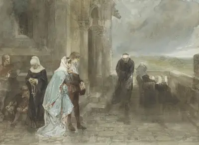 Op den uitkijk, scène uit de 12e eeuw av Charles Rochussen