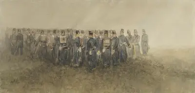 Pauze van een bataillon infanterie op de heide av Charles Rochussen