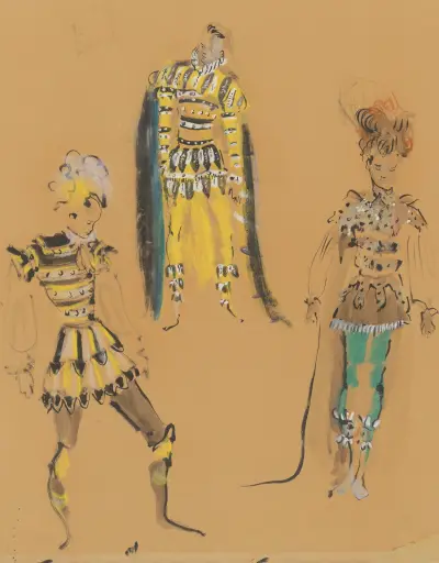 Amphitryon – maquette de costume – trois costumes masculins jaune et gris von Christian Bérard