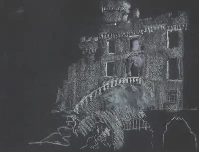 Juliette ou la Clef des songes – maquette de décor – façade de château avec escalier von Christian Bérard