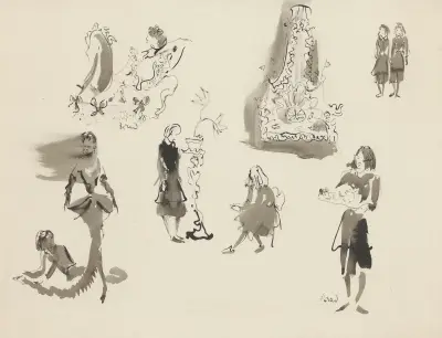 Les Bonnes – maquette de costume – planche – lit, esquisses de costumes von Christian Bérard